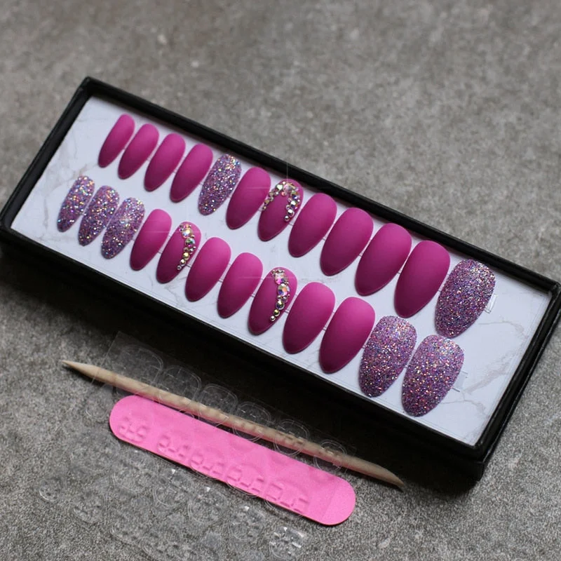 Matte glitter art nails box Match press on nails Burgundy AB rhinestone fasle nails stiletto Custom nails white blue pink-Nail Inspo