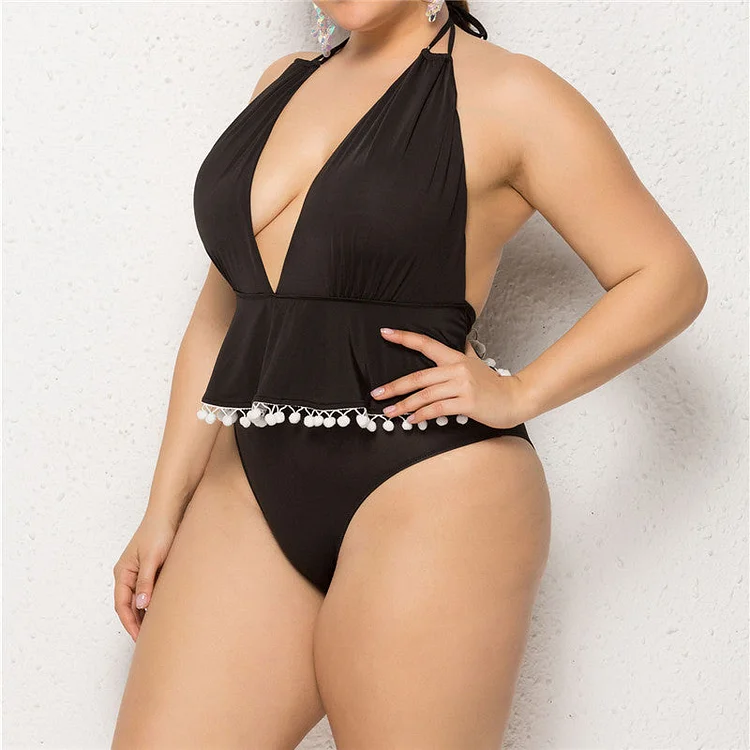 Women plus Size Swimwear Bikinis Tassel Solid Color Backless Swimsuit
