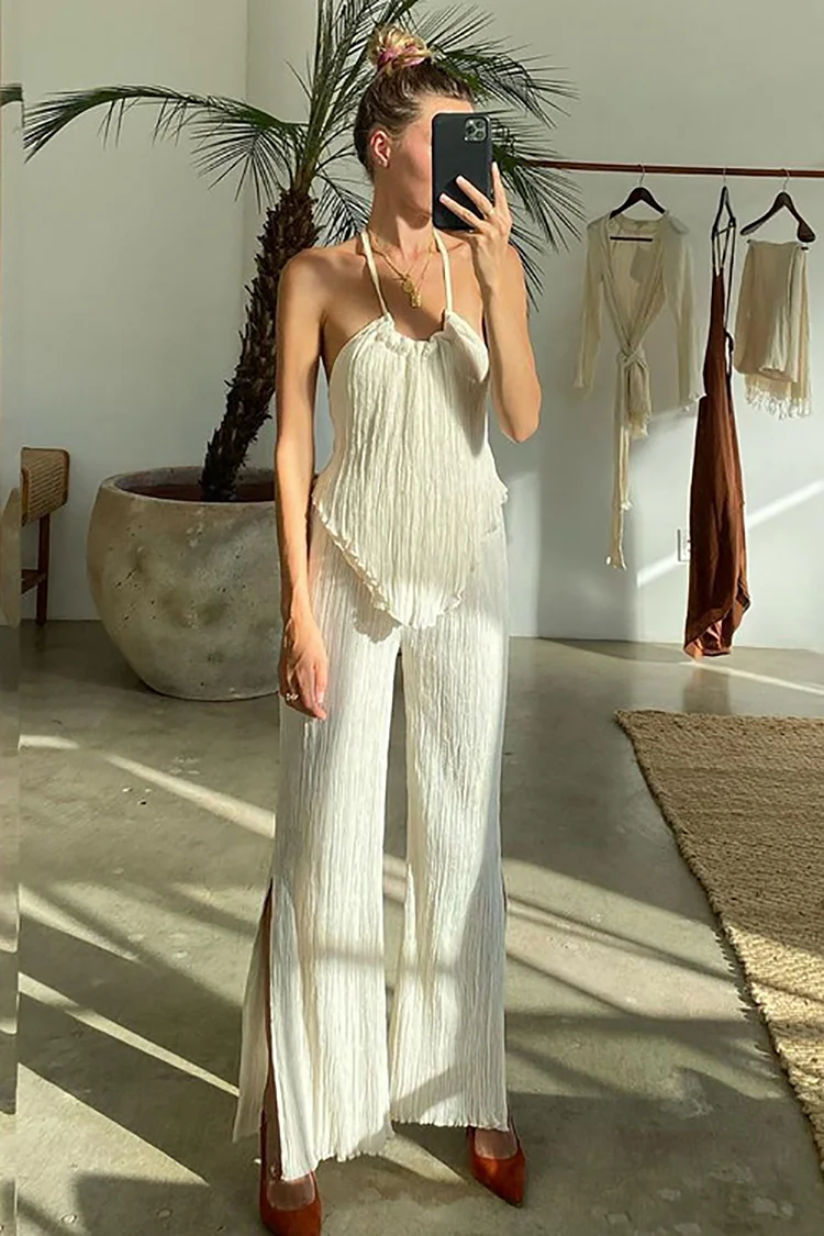 Halter Backless Asymmetric Top Ruched Wide Leg Side Slit Pants Matching Set