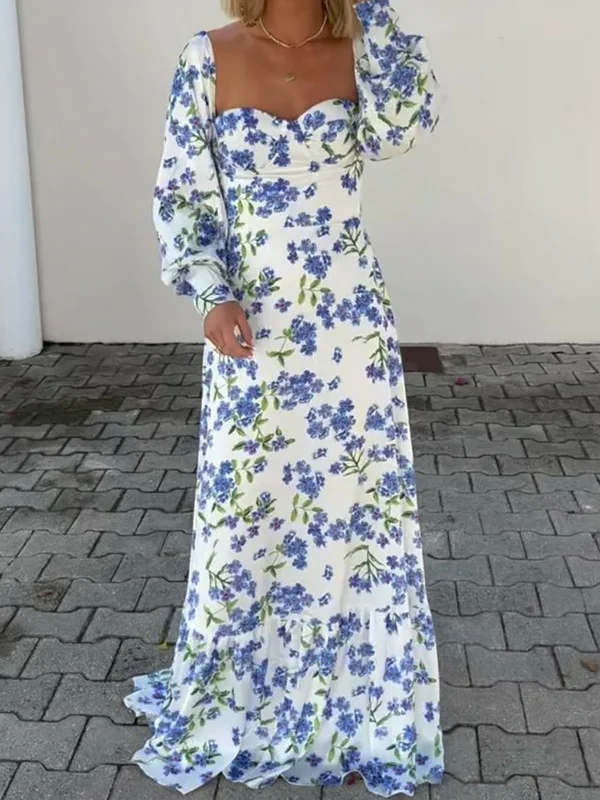 Floral Printed Long Sleeves V-Neck Maxi Dresses