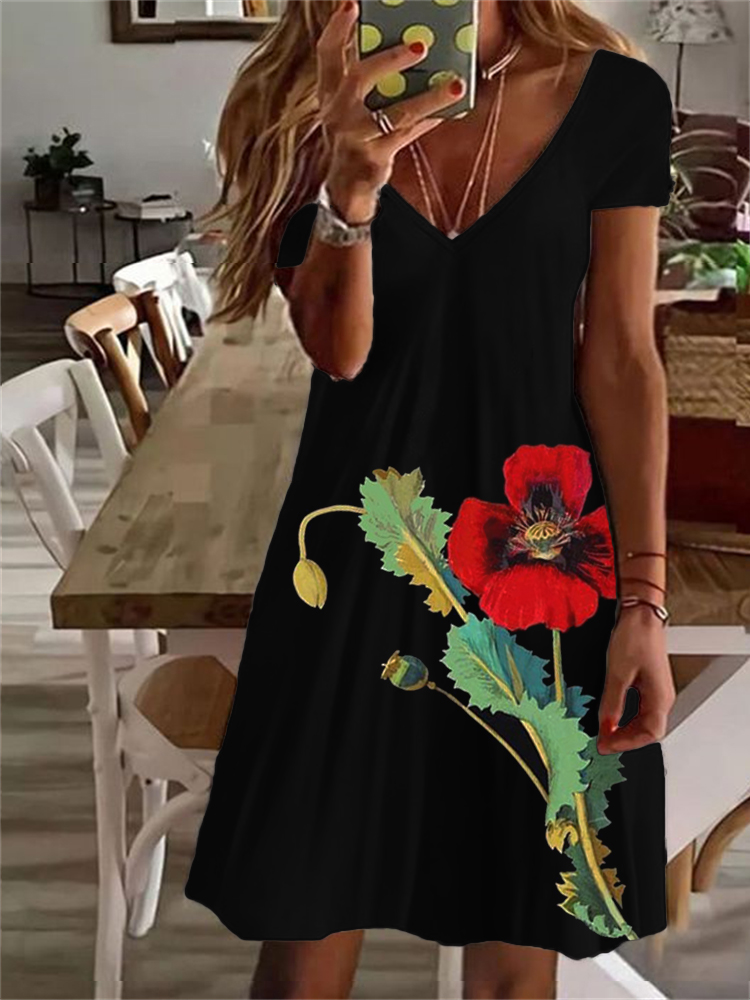Poppy Botanical Art V Neck Midi Dress wearshes