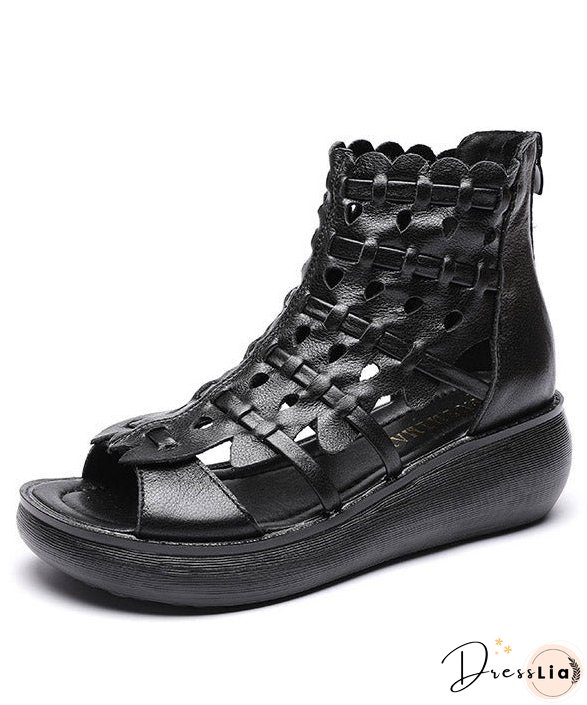 Simple Black Cowhide Leather Sandals Cross Strap Splicing Sandals