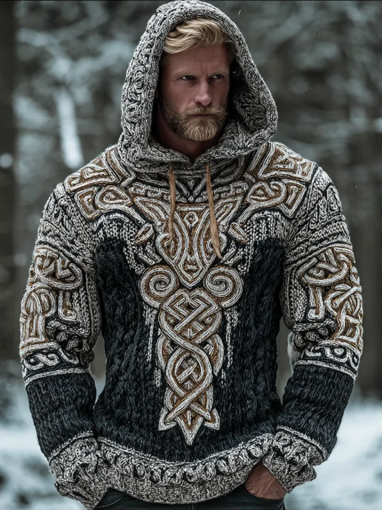 Men's Hooded Thick Sweater With Viking Style Tribal Totem And Wolf Totem Patterns
