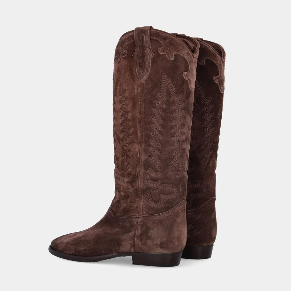 Brown Round Toe Low Chunky Heel Flame Embroidery Cowgirl Boots