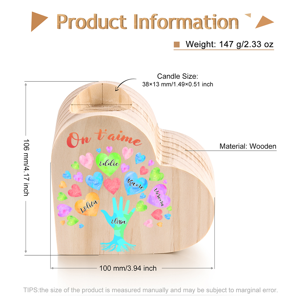  Bougeoir en Bois 5 Prénoms Personnalisés avec Texte sans bougie pour Famille