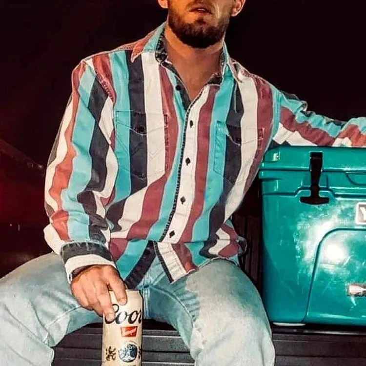 Men's Retro Color Block Stripe Printed Loose Long Sleeve Shirt