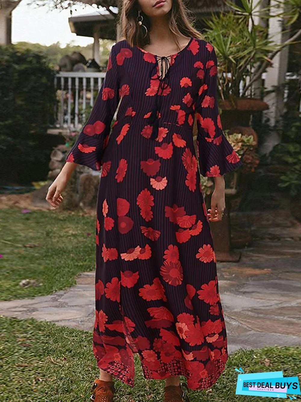 Women's T-Shirt Dress Tee Dress Maxi Long Dress - Long Sleeve Floral Split Patchwork Print Spring Fall Casual Red Orange Black Dresses