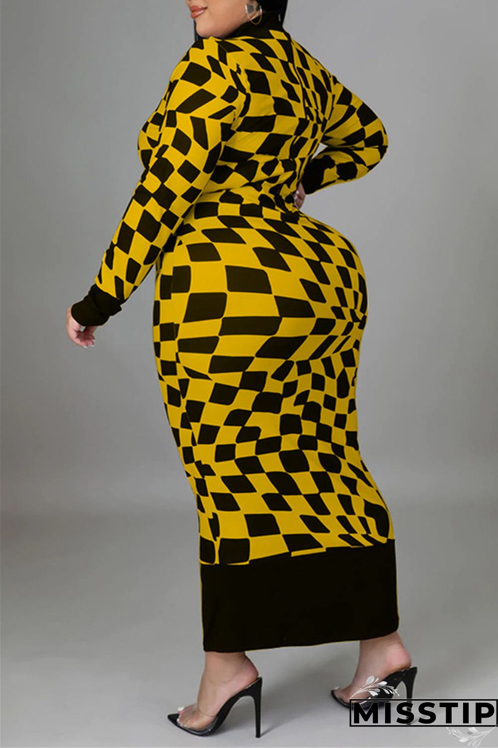 Yellow Casual Plaid Print Patchwork Half A Turtleneck Long Sleeve Plus Size Dresses