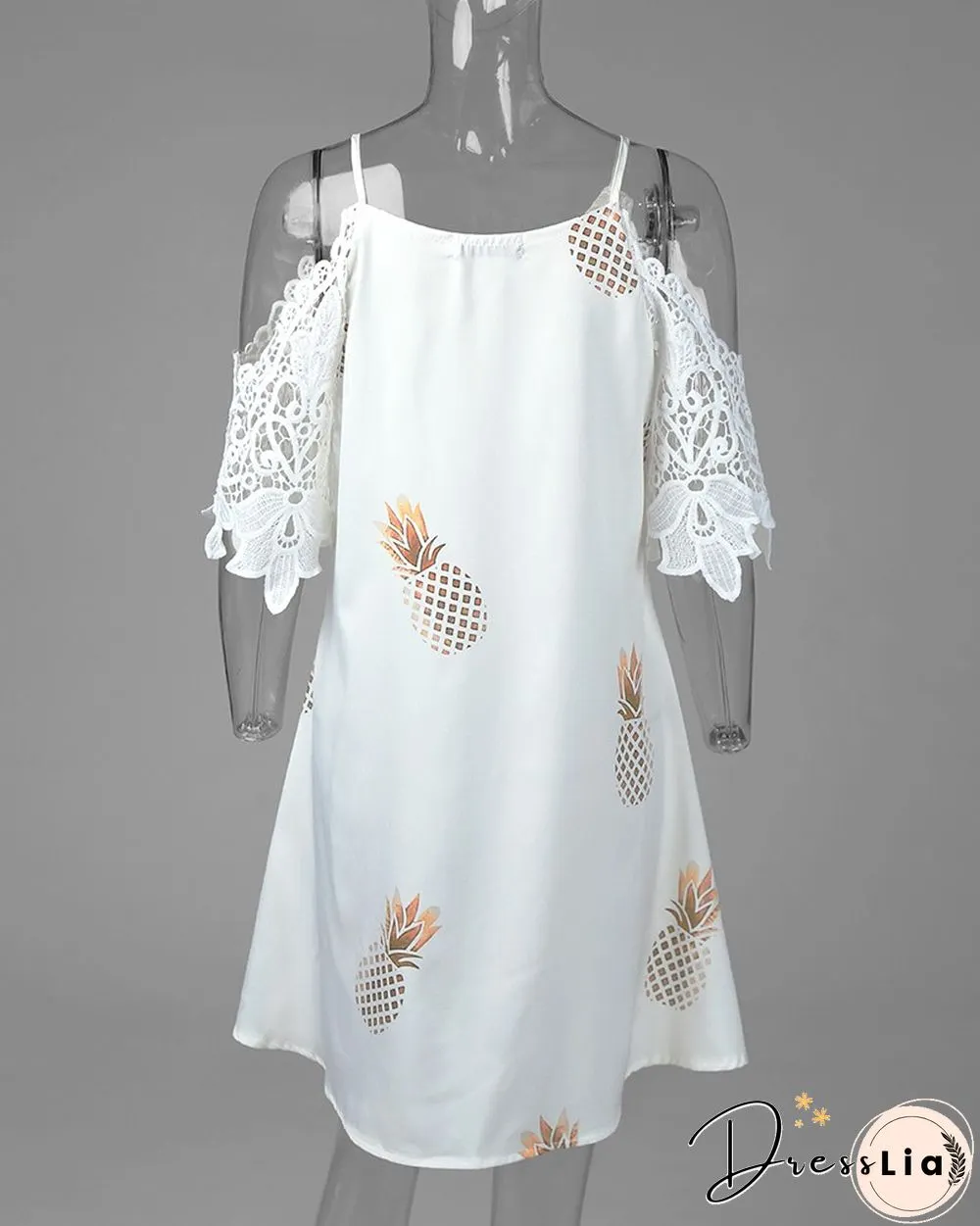Pineapple Print Cold Shoulder Crochet Lace Dress