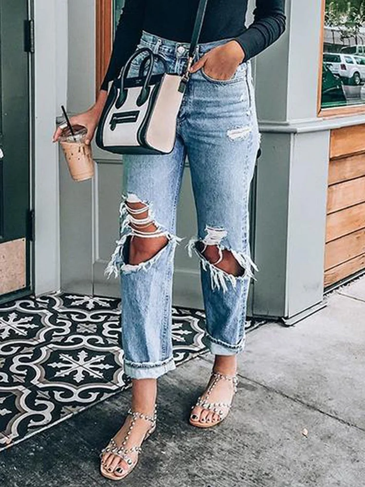 Casual Distressed Ripped Hole Mid-rise Straight Jeans P10497