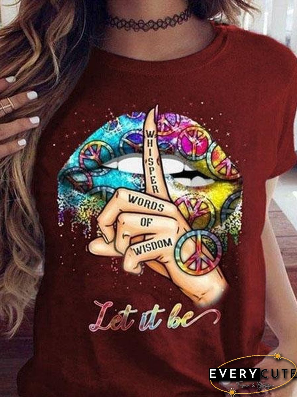 Shut Up Gesture Lips Print Round Neck Short Sleeve T-Shirt