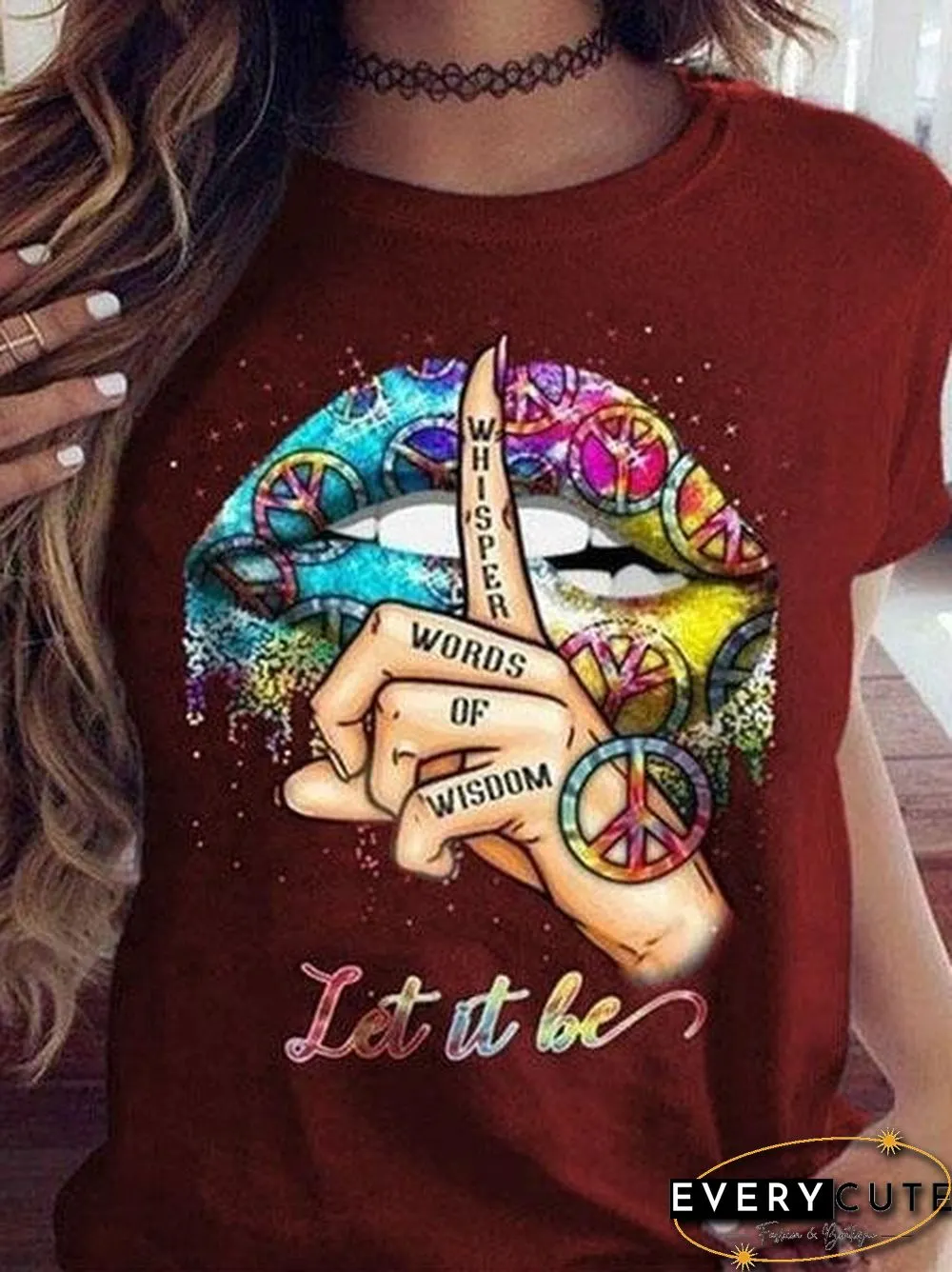 Shut Up Gesture Lips Print Round Neck Short Sleeve T-Shirt