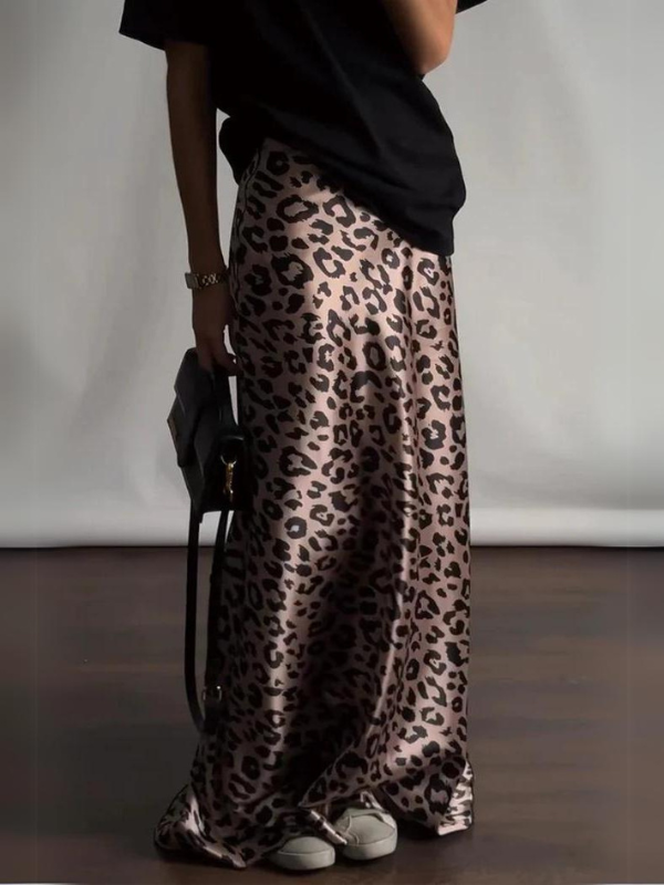 Leopard Print Satin Mini Skirt with Slit