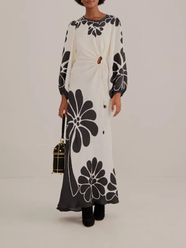 Black Position Printing Waist Hollowed-Out Drawstring Long Sleeve Maxi Dress