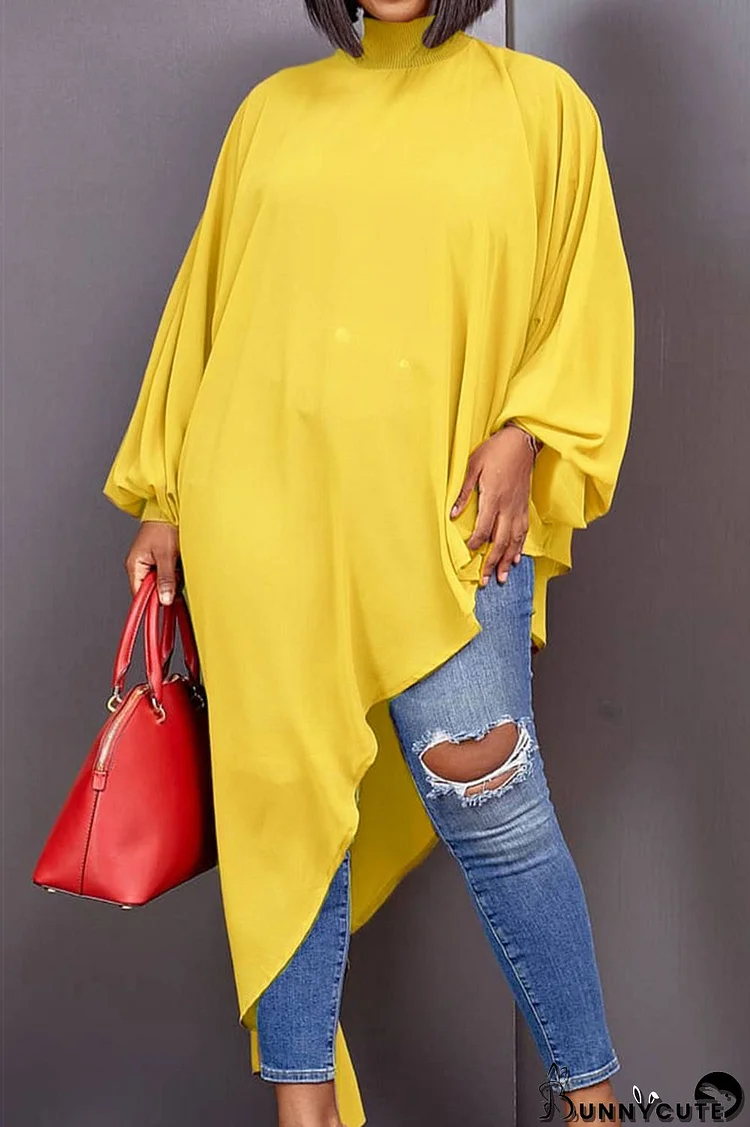 Yellow Casual Solid Split Joint Asymmetrical Turtleneck Dresses