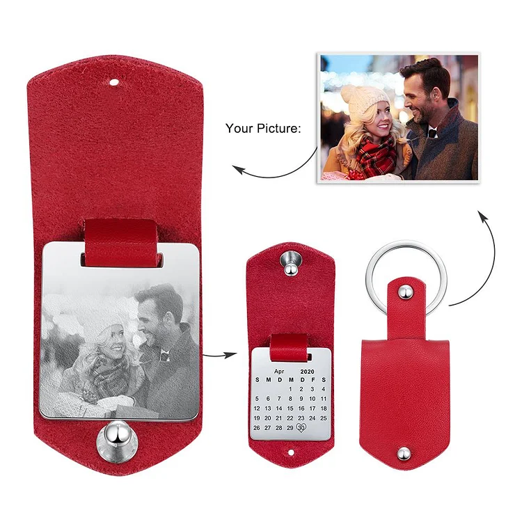 Personalised Photo Keychain with Red Leather Case Custom with Calendar Birthday Gift