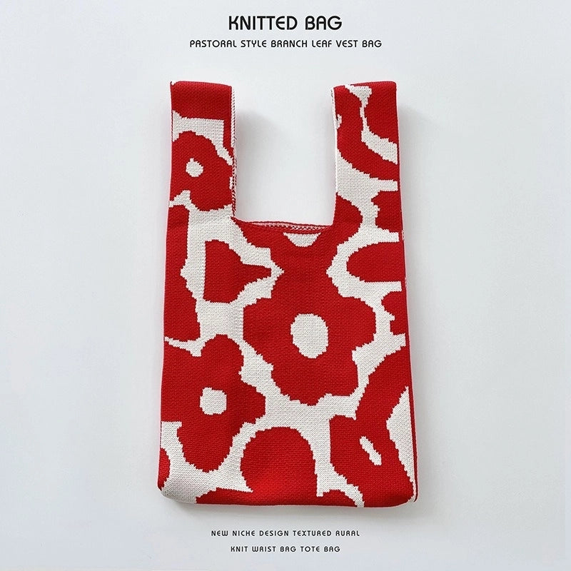 Women’s Medium Knit Letter Flower Cute Vintage Style Square Open Handbag