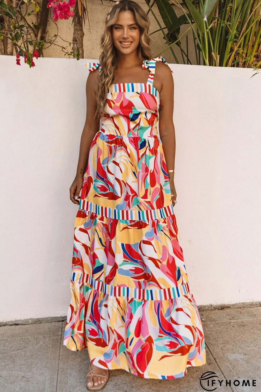 Multicolor Abstract Print Striped Trim Maxi Sundress | IFYHOME
