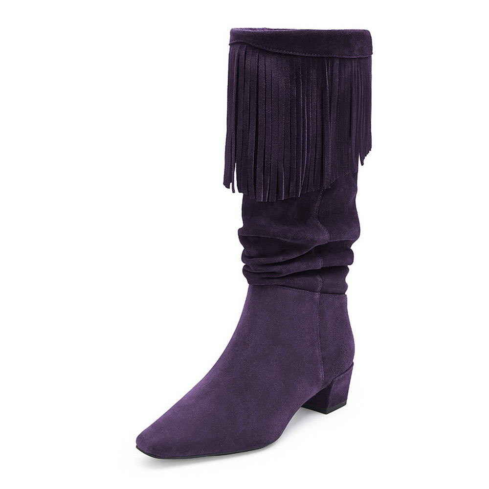 Dark Purple Vegan Suede Block Heel Slouch Square Toe Boots Women Nicepairs