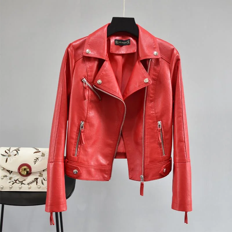 FTLZZ Women Autumn Pu Faux Soft Leather Motorcycle Zipper Jacket Coat Female Turndown Collar Slim Biker Coats Basic Streetwear