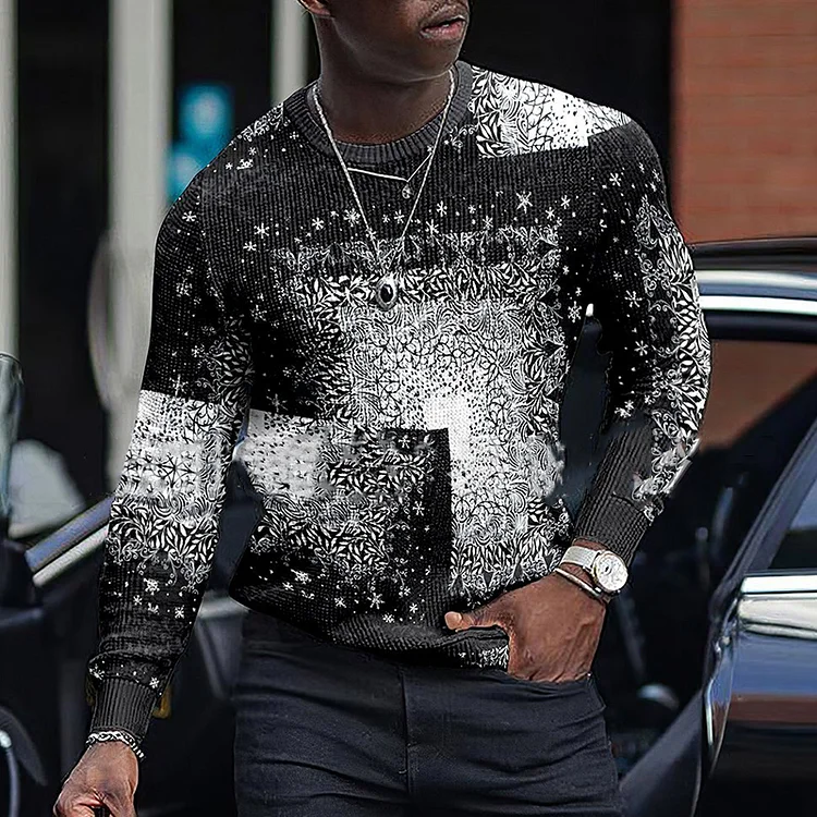 Casual Waffle Graphic Gradient Crew Neck Long Sleeve Sweater