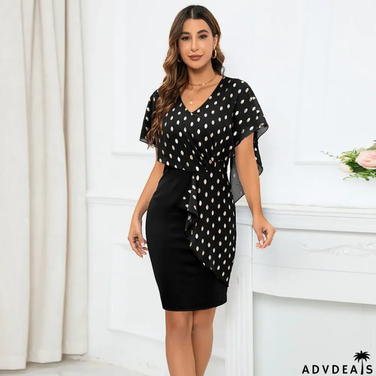 Women V-Neck Shiny Polka Dot Chiffon Dress