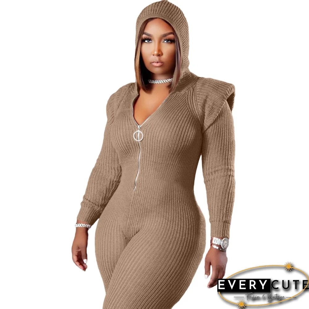 Knitted Long Sleeve Shoulder Padded Hooded Jumpsuit