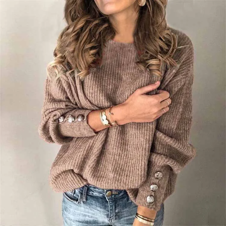 Uveng Street Hipster Long-sleeved Round Neck Button Sweater Top T-shirt