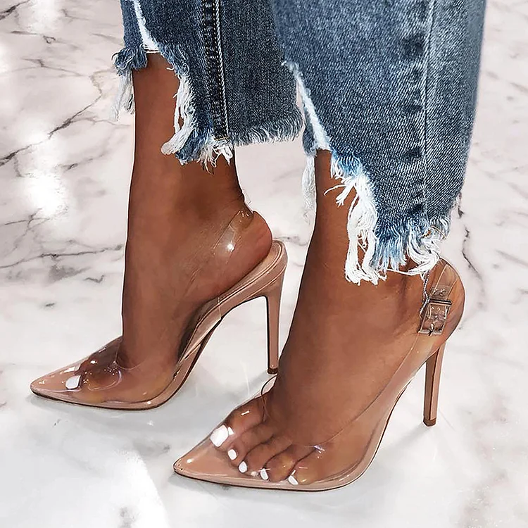 Nude Pointed transparent Pumps Classic Stiletto Shoe Evening Slingback Heels Jelly Sandals |FSJ Shoes