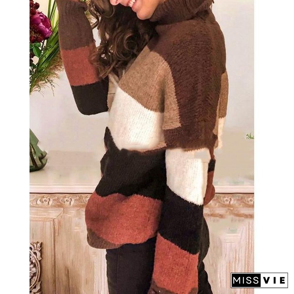 Elegant High Neck Striped Sweaters