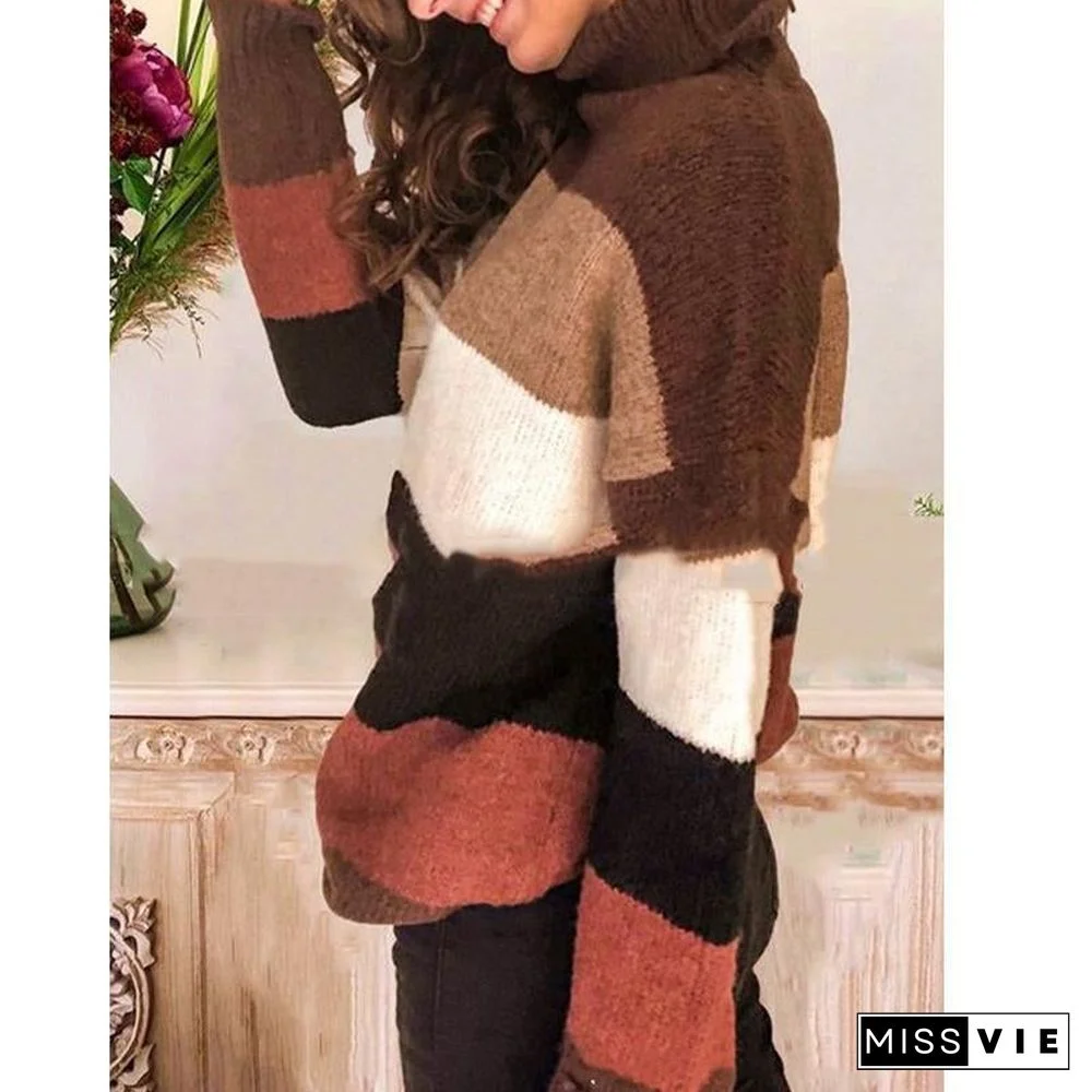 Elegant High Neck Striped Sweaters