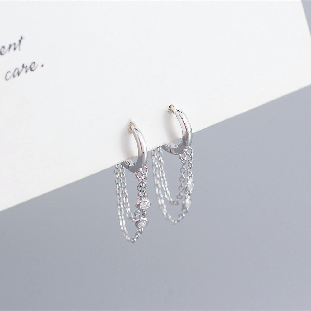 925 Sterling Silver Women Tassel Silver Diamond Inlay Stud Earrings