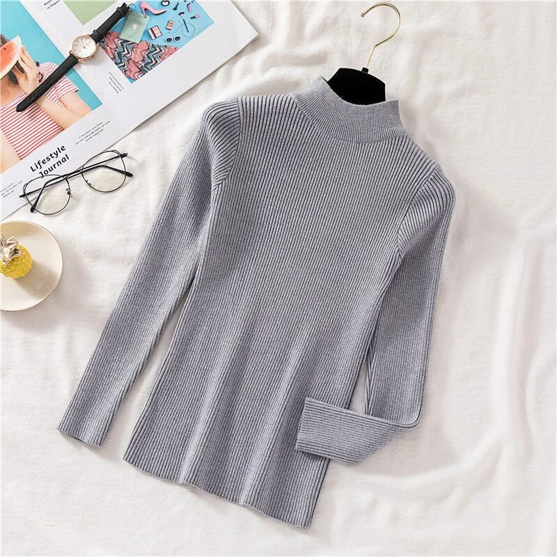 Zoki Autumn Women Pullover Sweater Half Turtleneck Long Sleeve Knitted Jumper Winter Elastic Solid Basic Ladies Blouse New 2021