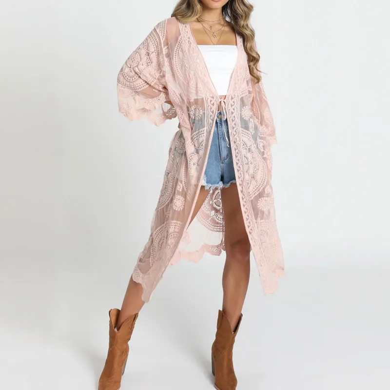 Beige Tassel Trim Split Sleeve Boho Print Kimono