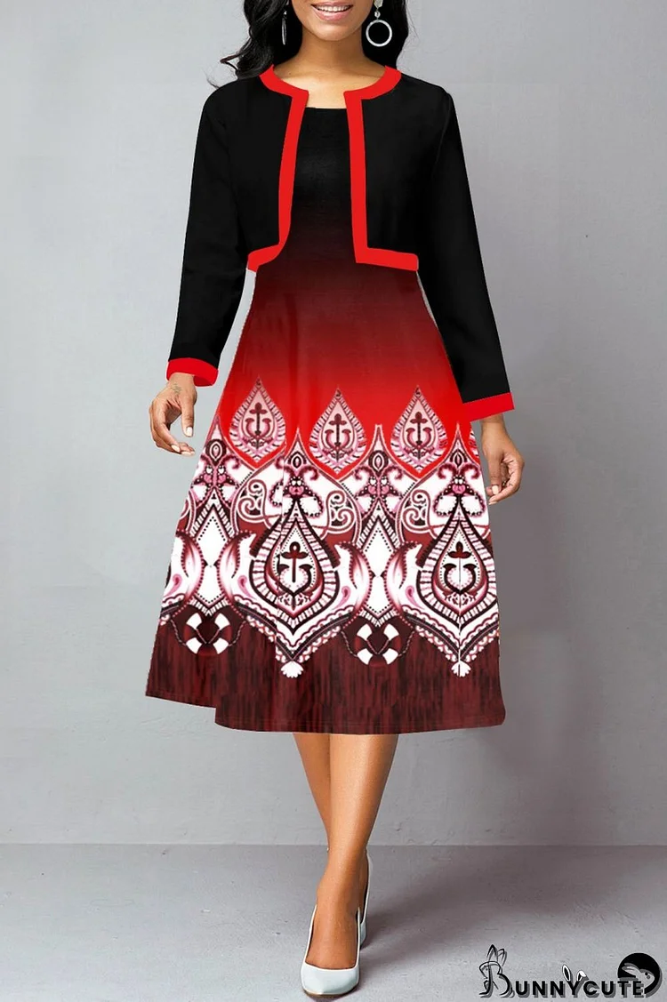 Red Casual Print Patchwork O Neck Long Sleeve Two Pieces