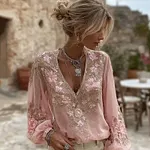 Women's Pink Floral Embroidered Art V-neck Blouse - Image 2