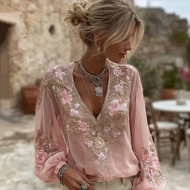 Women's Pink Floral Embroidered Art V-neck Blouse