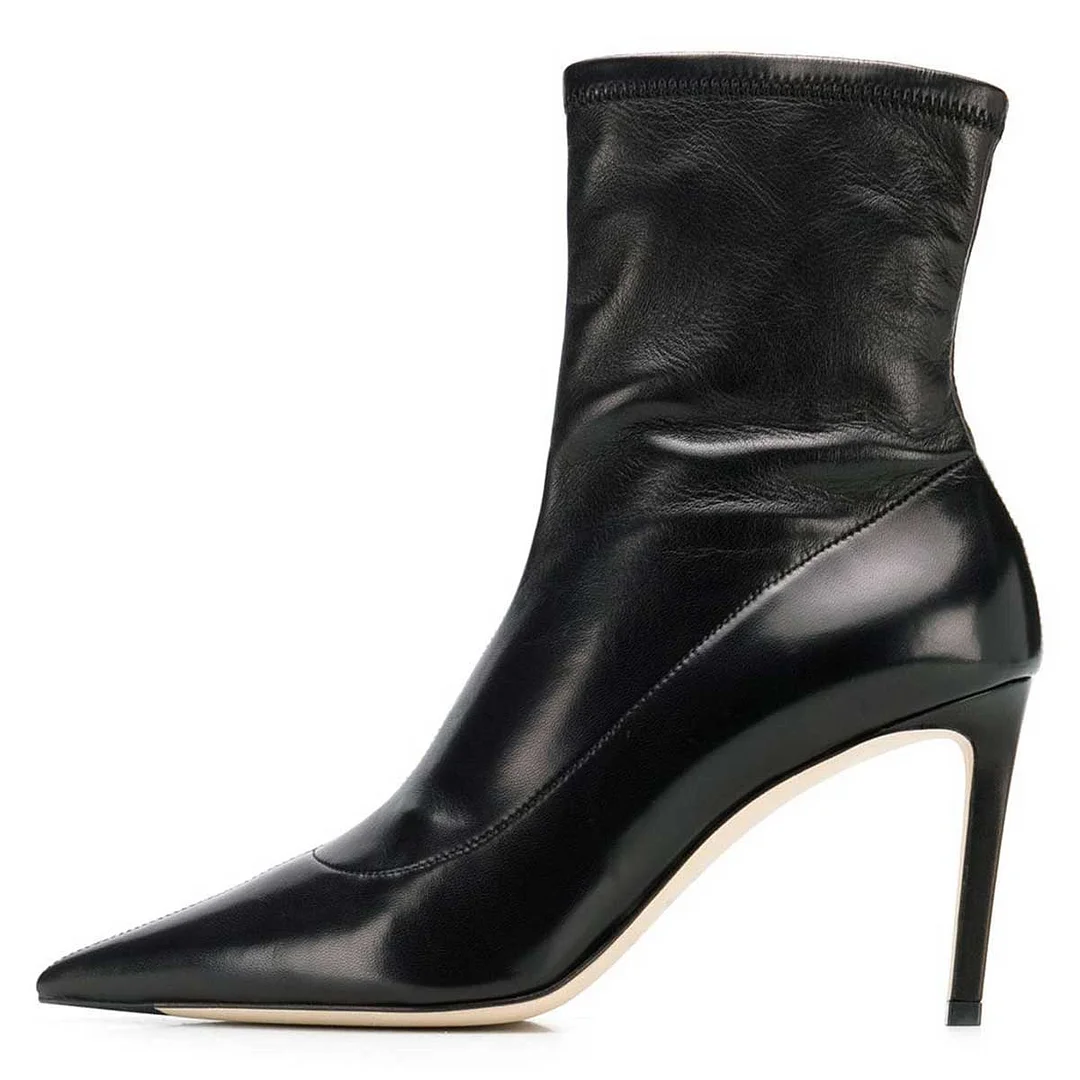 Black Vegan Leather Stiletto Heel Pointed Toe Stretch Ankle Boots