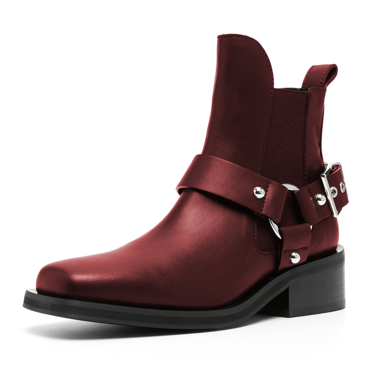 Adjustable Buckle Strap Square Toe Block Heeled Ankle Boots in Maroon Nicepairs