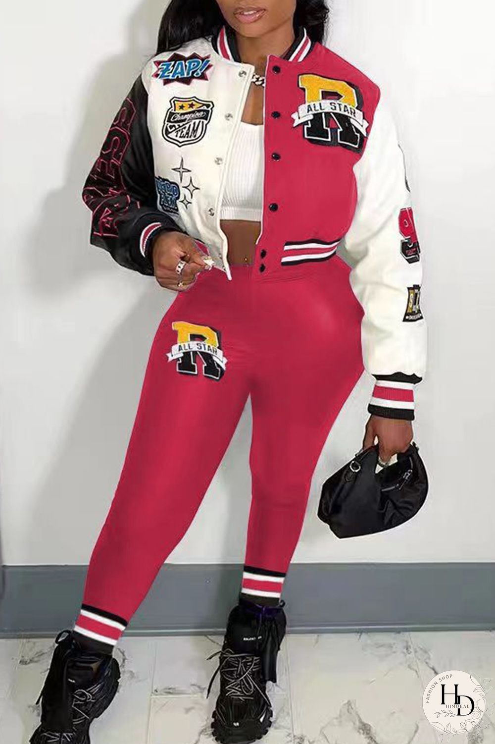 Rose Red Casual Letter Print Patchwork Cardigan O Neck Long Sleeve Two Pieces