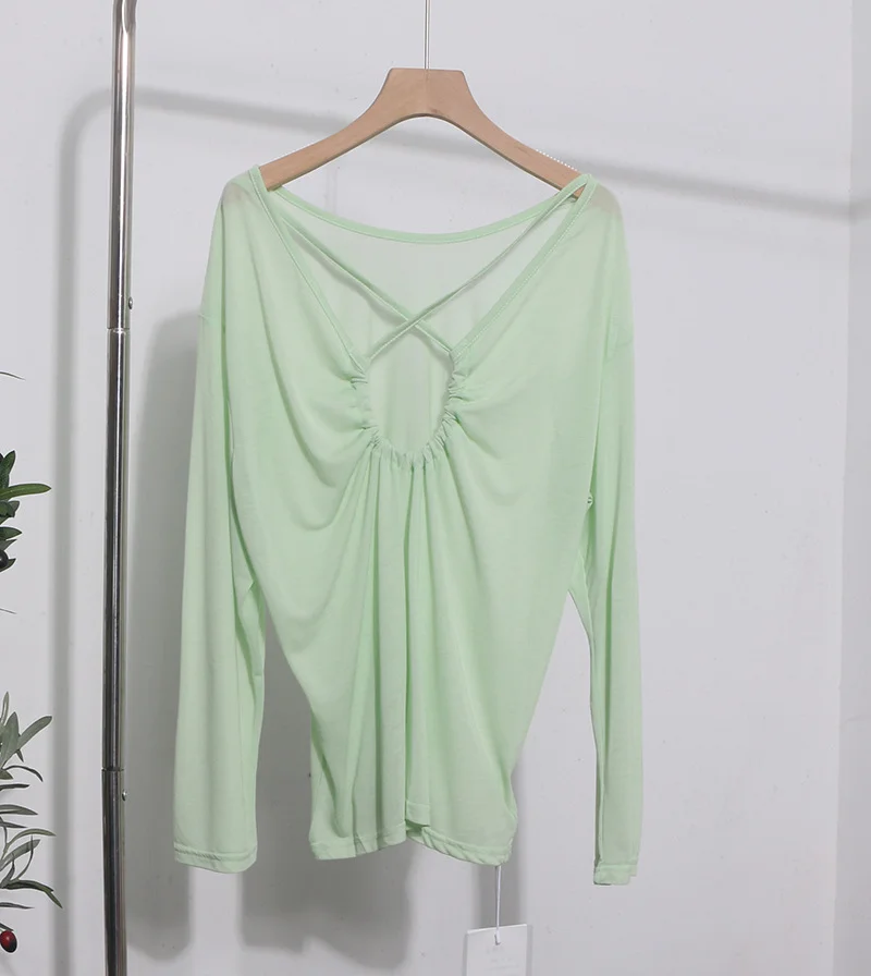 Brownm Real Shot Tiansi Mask Bare Back Long Sleeve Sunscreen Back Cross-Section Thin T-Shirt Shirt Top Woman 85830