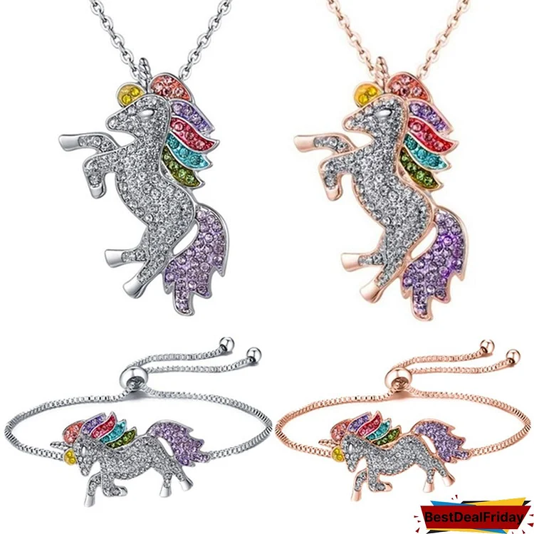 925 Silver Sparkling Rhine Stone Unicorn Pendant Colorful Coloured Pony Diamond Necklace and Bracelet for Women's Children Lucky Jewelry Children's Gifts