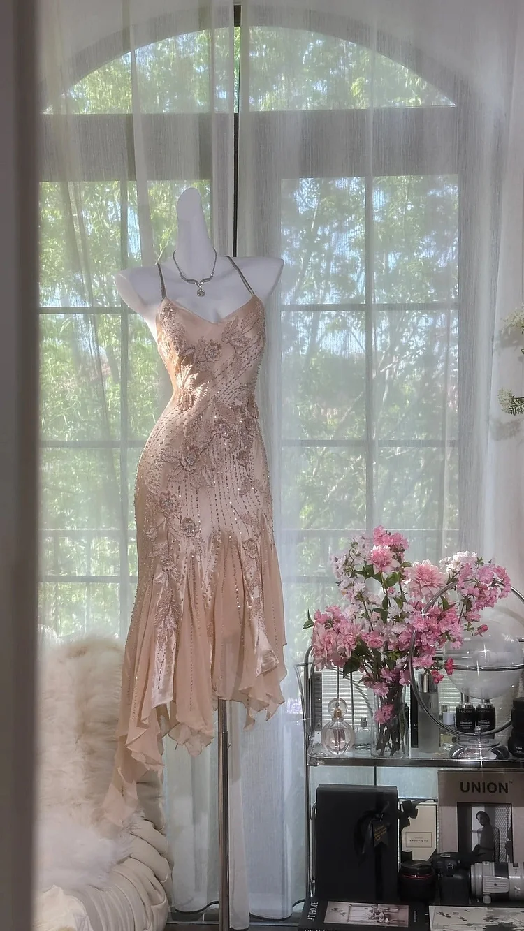 Lit pink floral beaded short elegant chiffon homecoming dress prom dress evening dress birthday party dress date dress