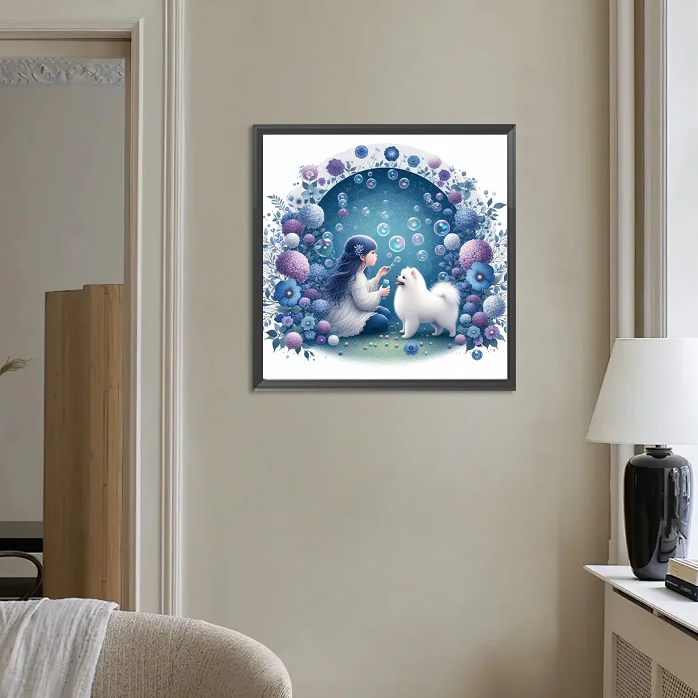 Full Round Diamond Painting 30*30cm - Girl And Samoyed Dog