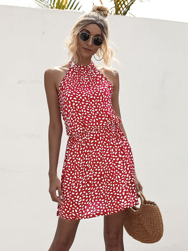 Mature Women Casual Summer Woven Off-the-shoulder Halter Strap Mini Dress