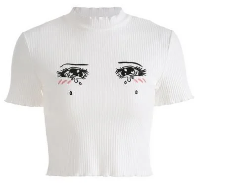 Zingj Women's Clothing 2024 Trendy Fashion Personality Comic Print Tears Eyes Short-Sleeved T-Shirt Direct Sales