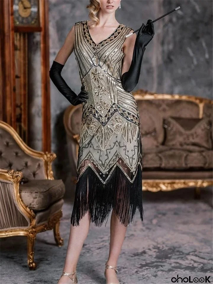 Women's Dazzling Sequins Beaded 1920s Vintage Dress for Cocktail Party