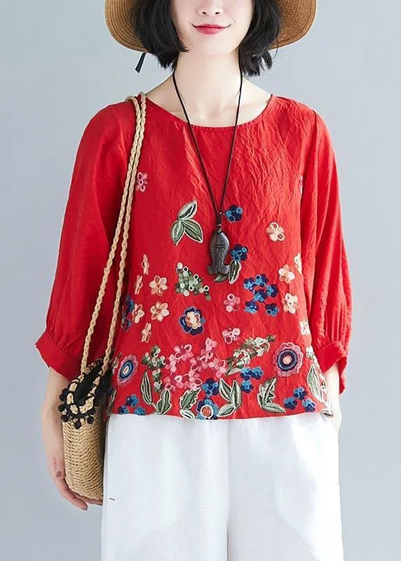 Vintage Red Printlow high design Cotton Linen Blouse Tops Summer