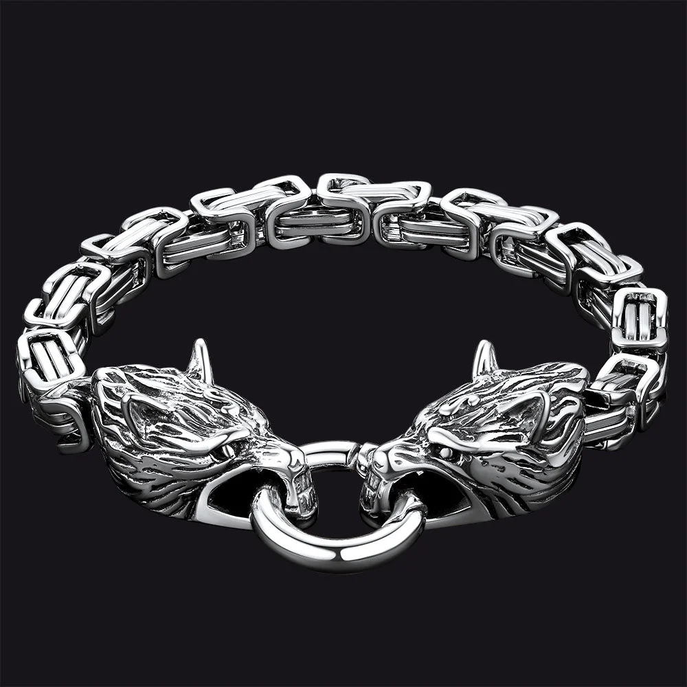 925 Silver FaithHeart Viking Wolf Head Chain Bracelet for Men