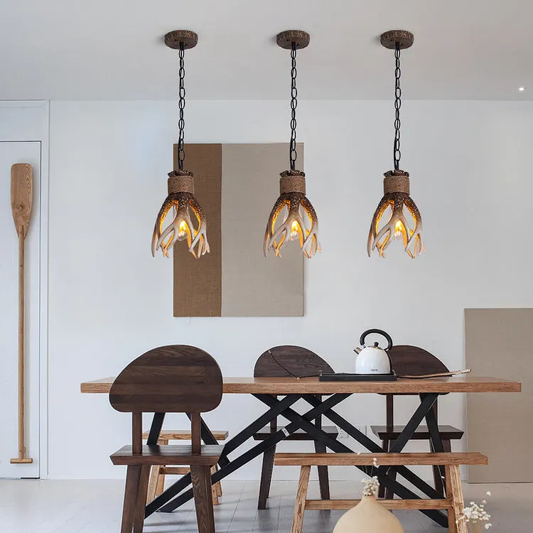 Traditional Vintage Antler Resin Glass Shade 1-Light Pendant Light For Living Room
